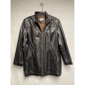 Coldwater Creek Black Leather Jacket With Brown Piping Leopard Print Lining - XL
